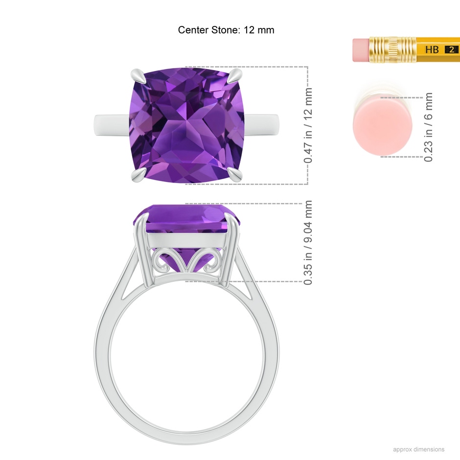 12mm AAAA Classic Solitaire Cushion Amethyst Cocktail Ring in White Gold ruler
