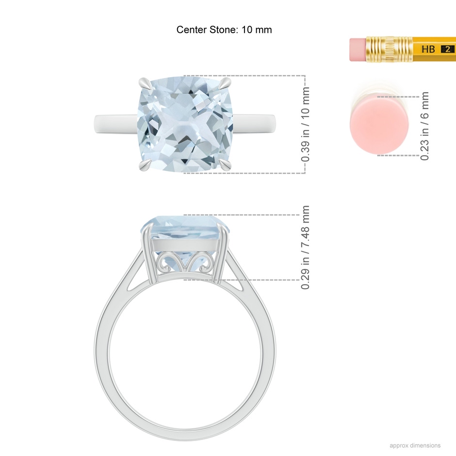 10mm A Classic Solitaire Cushion Aquamarine Cocktail Ring in P950 Platinum ruler