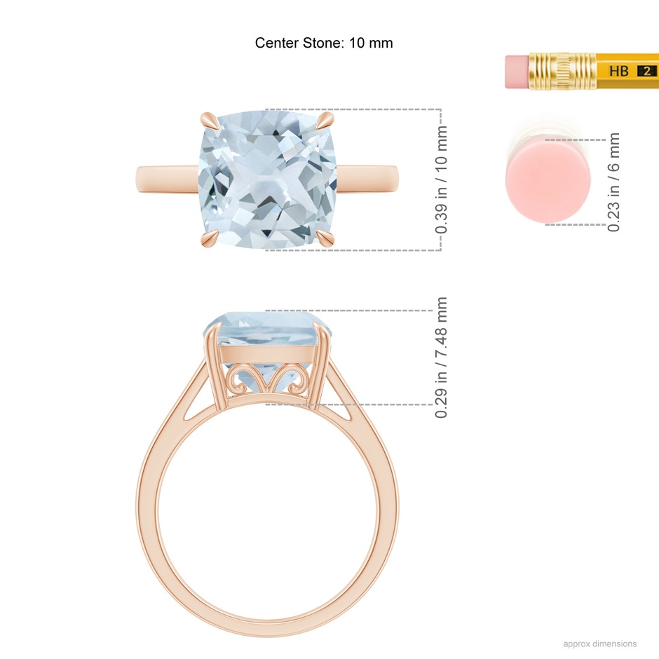 10mm A Classic Solitaire Cushion Aquamarine Cocktail Ring in Rose Gold ruler