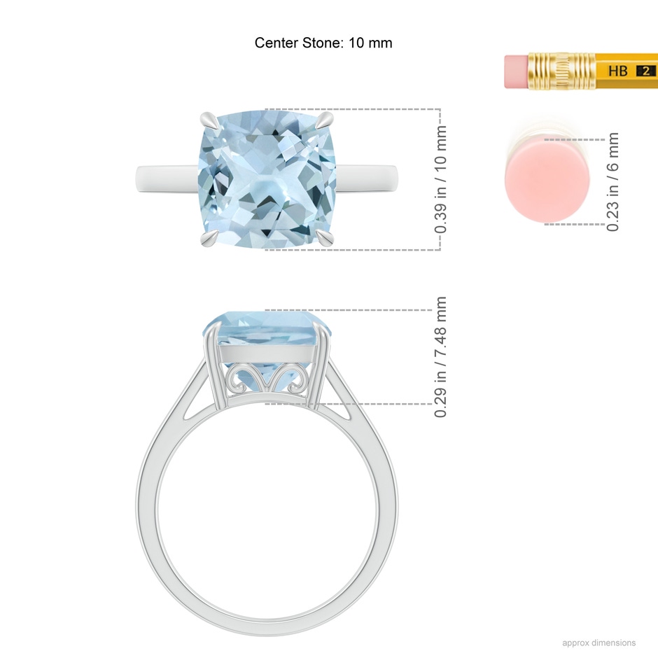 10mm AA Classic Solitaire Cushion Aquamarine Cocktail Ring in 9K White Gold ruler
