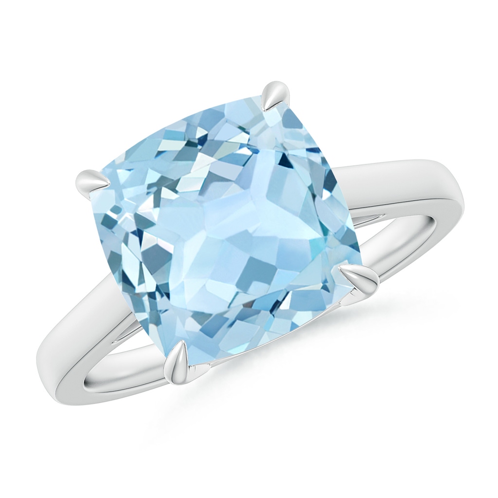 10mm AAA Classic Solitaire Cushion Aquamarine Cocktail Ring in White Gold