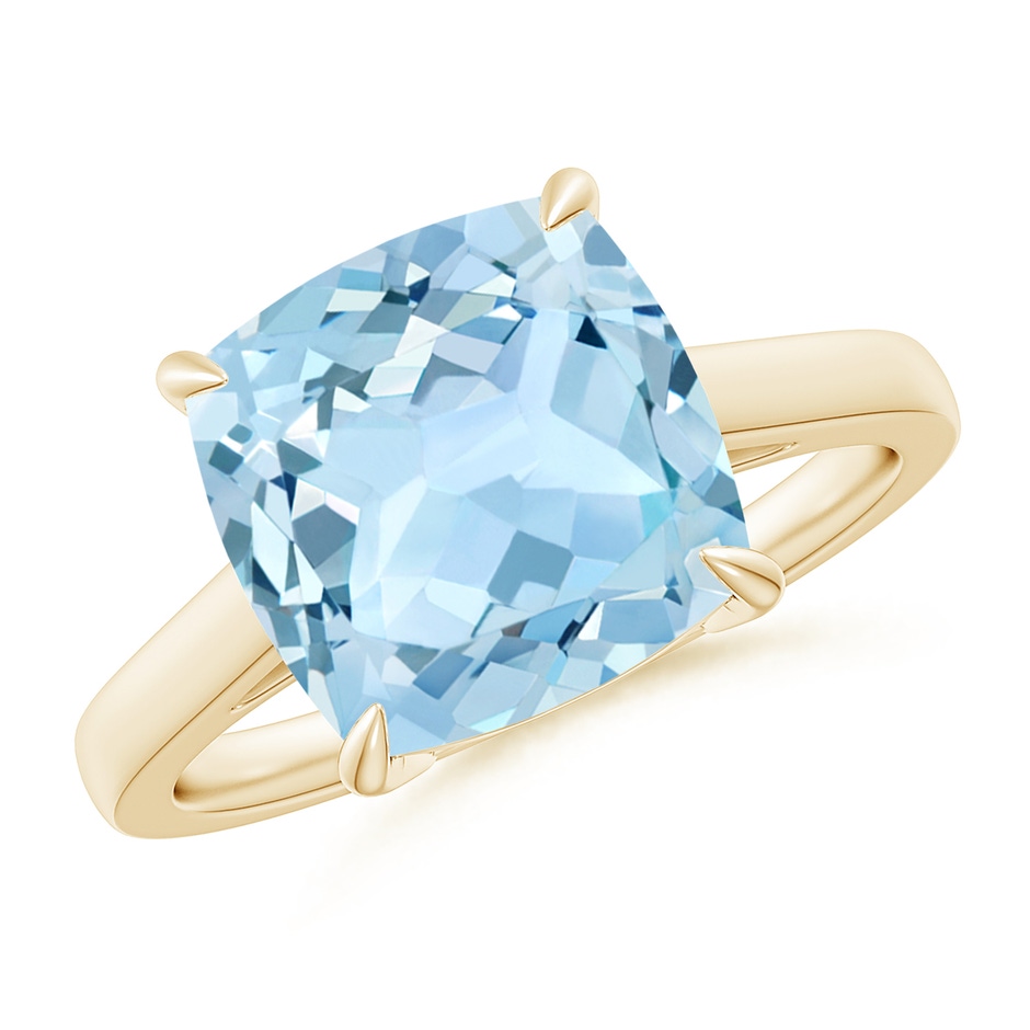 10mm AAA Classic Solitaire Cushion Aquamarine Cocktail Ring in Yellow Gold 