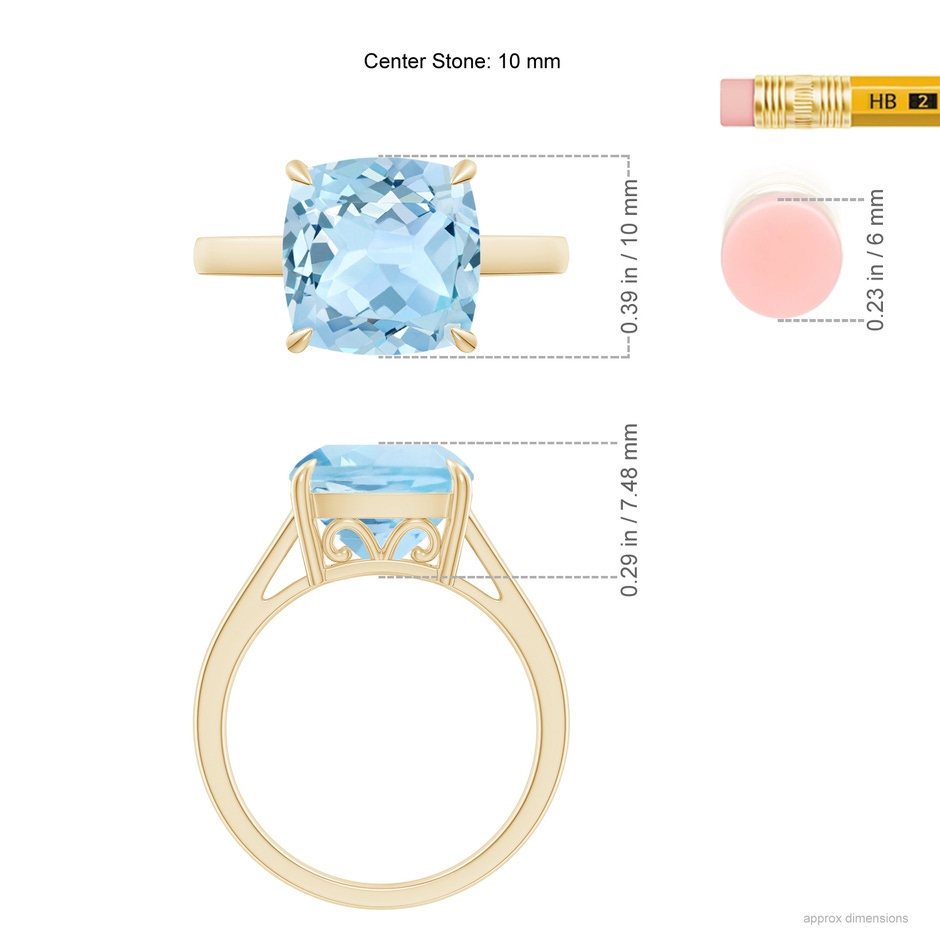 10mm AAA Classic Solitaire Cushion Aquamarine Cocktail Ring in Yellow Gold ruler