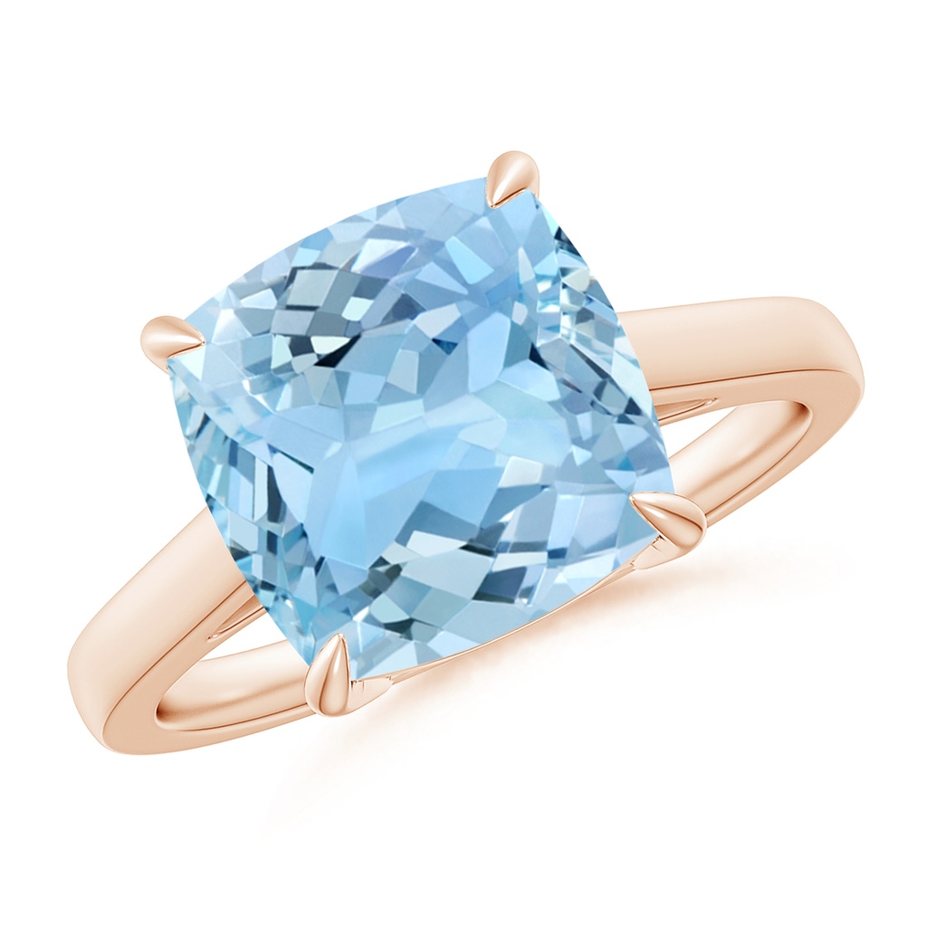10mm AAAA Classic Solitaire Cushion Aquamarine Cocktail Ring in Rose Gold