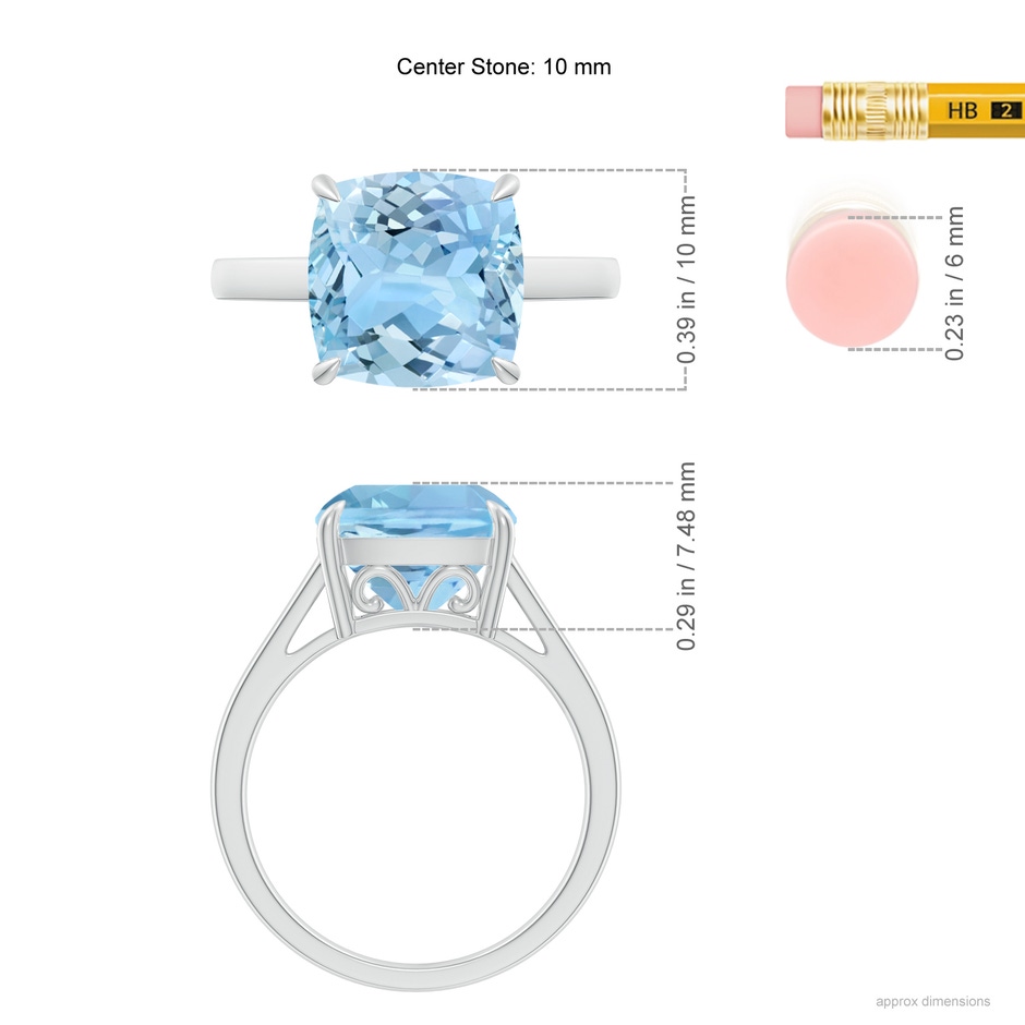 10mm AAAA Classic Solitaire Cushion Aquamarine Cocktail Ring in White Gold ruler