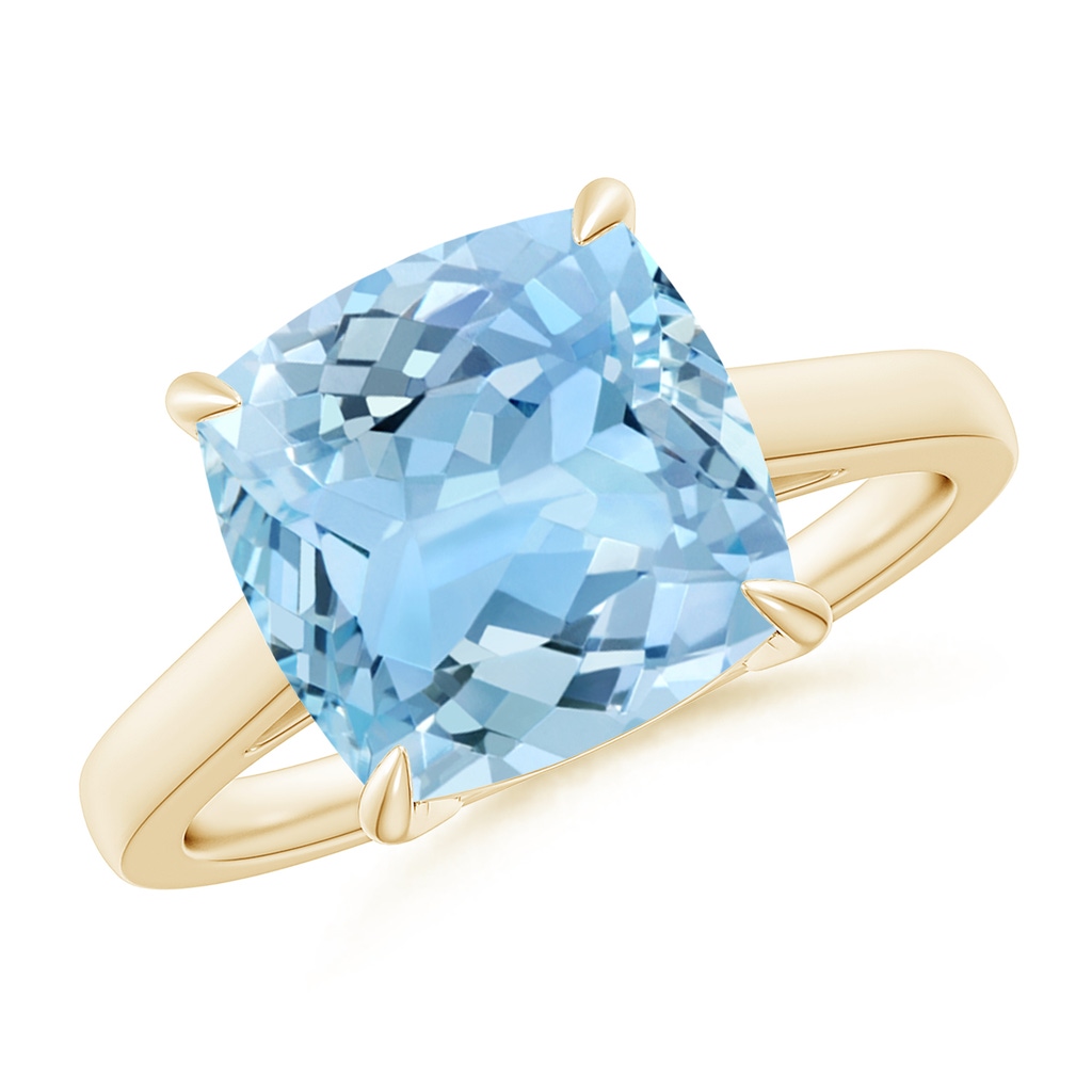 10mm AAAA Classic Solitaire Cushion Aquamarine Cocktail Ring in Yellow Gold
