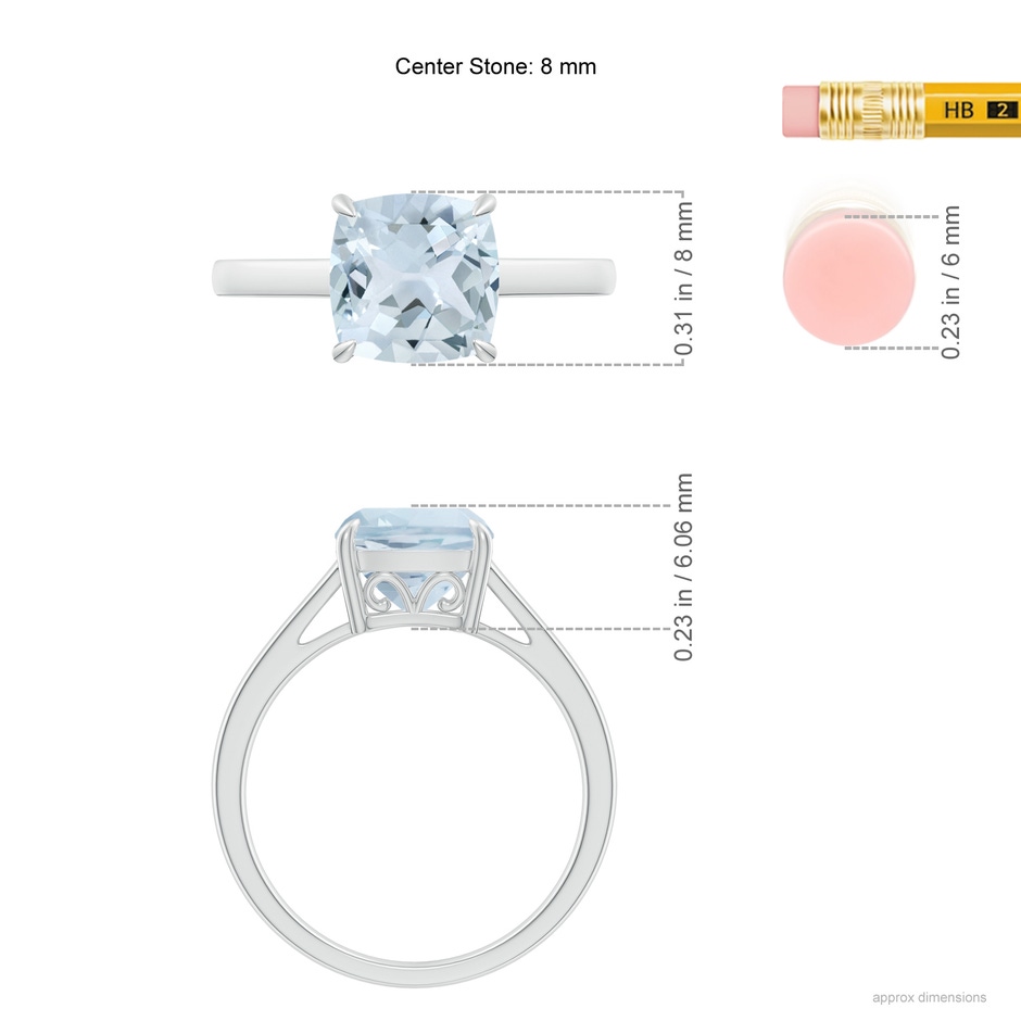 8mm A Classic Solitaire Cushion Aquamarine Cocktail Ring in White Gold ruler