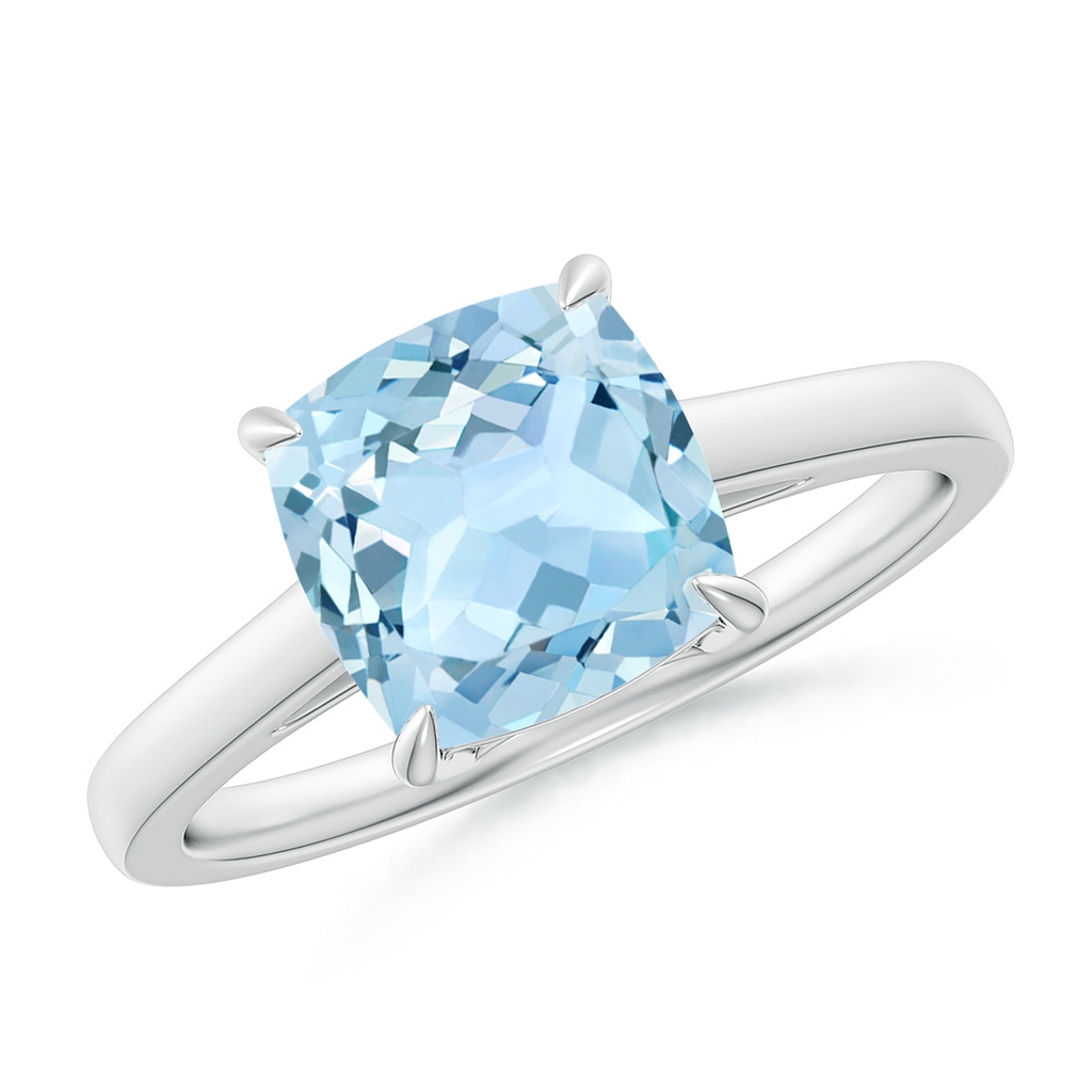 8mm AAA Classic Solitaire Cushion Aquamarine Cocktail Ring in 10K White Gold