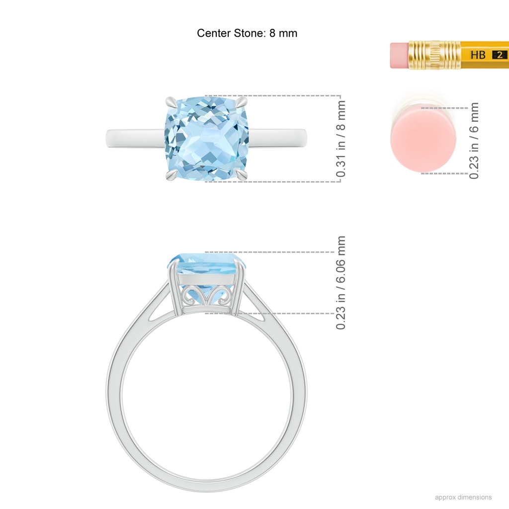 8mm AAA Classic Solitaire Cushion Aquamarine Cocktail Ring in 10K White Gold Ruler