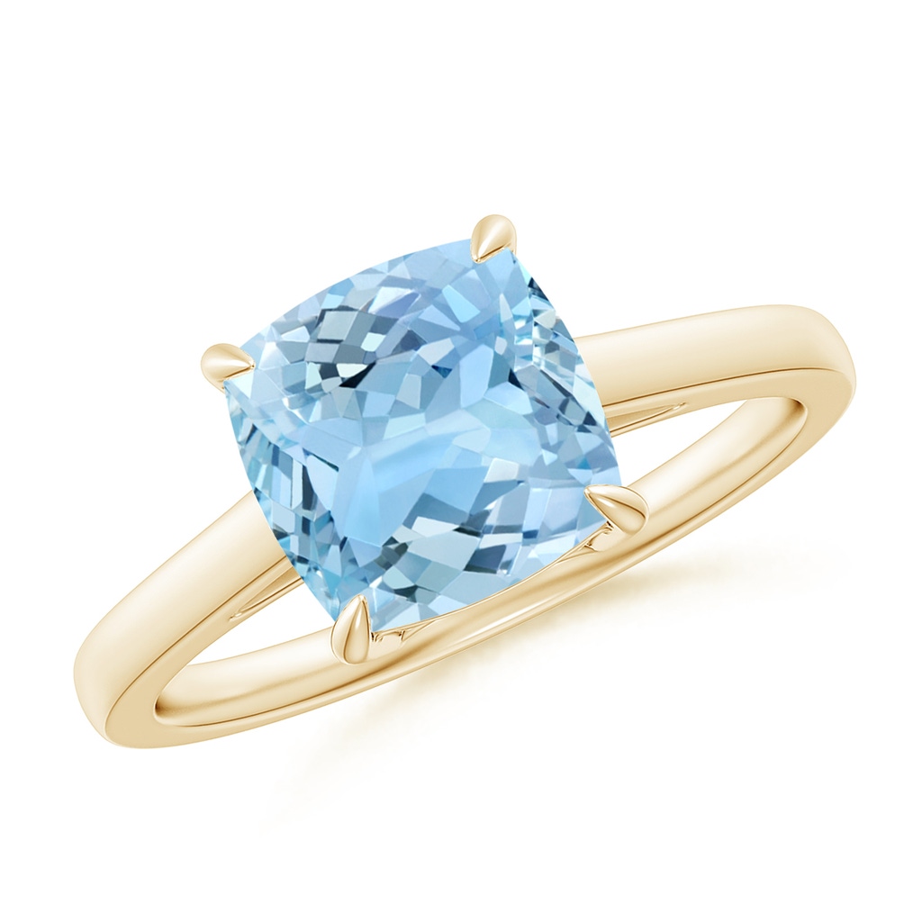 8mm AAAA Classic Solitaire Cushion Aquamarine Cocktail Ring in Yellow Gold