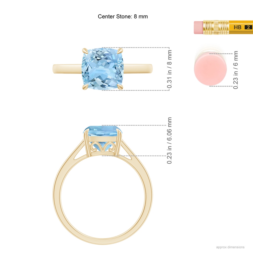 8mm AAAA Classic Solitaire Cushion Aquamarine Cocktail Ring in Yellow Gold Ruler