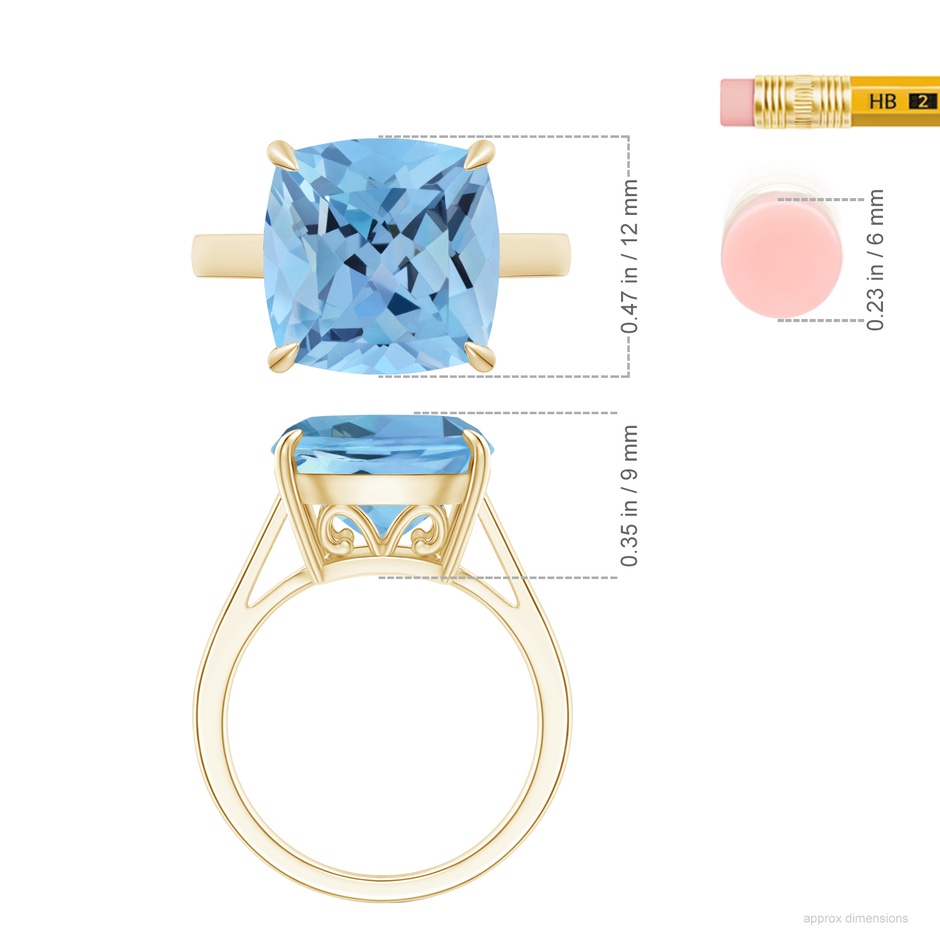 12mm AAAA Classic Cushion Aquamarine Cocktail Ring in 9K Yellow Gold ruler