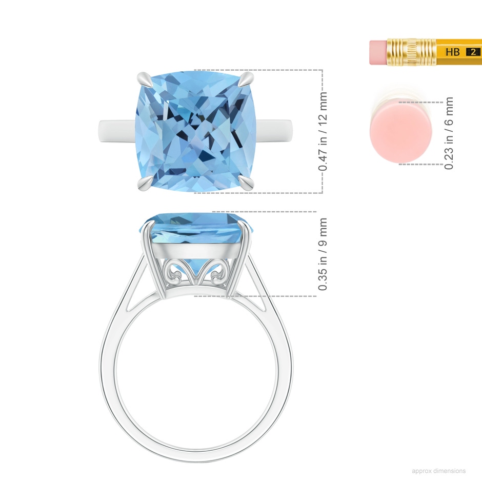 12mm AAAA Classic Cushion Aquamarine Cocktail Ring in P950 Platinum ruler