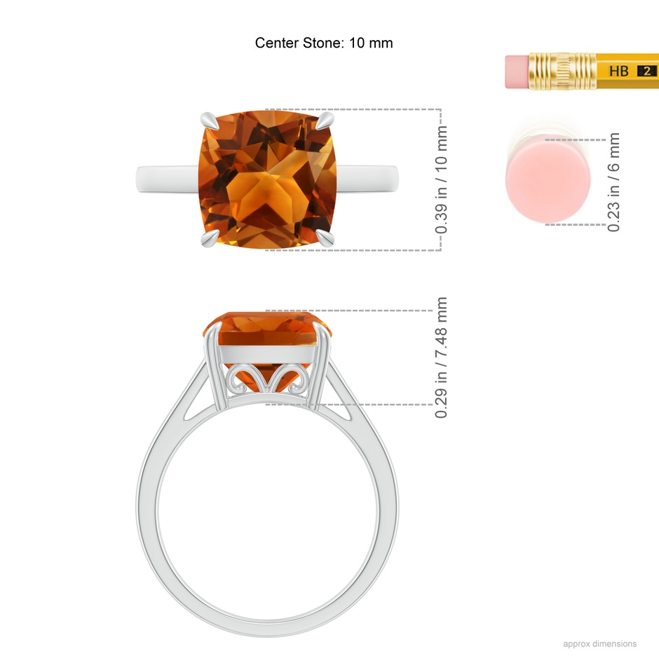 10mm AAAA Classic Solitaire Cushion Citrine Cocktail Ring in P950 Platinum ruler