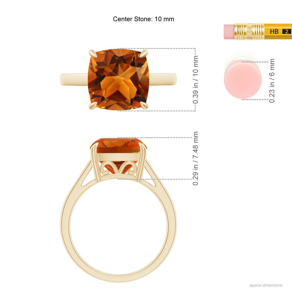 10mm AAAA Classic Solitaire Cushion Citrine Cocktail Ring in Yellow Gold ruler