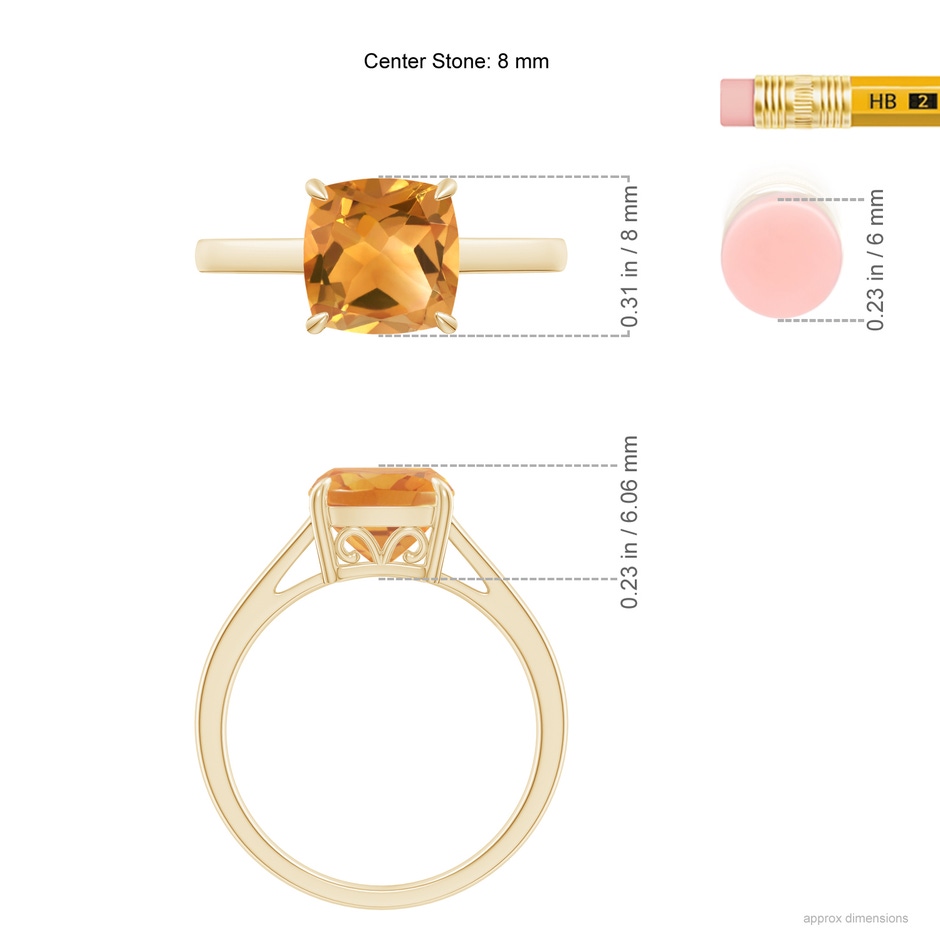 8mm A Classic Solitaire Cushion Citrine Cocktail Ring in 10K Yellow Gold ruler