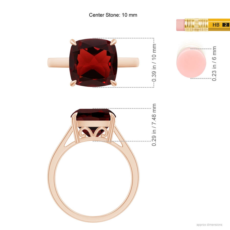 10mm AAA Classic Solitaire Cushion Garnet Cocktail Ring in Rose Gold ruler