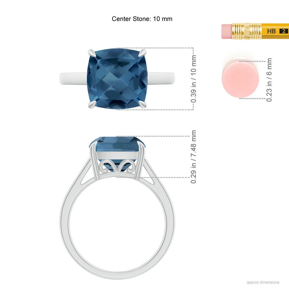 10mm A Classic Solitaire Cushion London Blue Topaz Cocktail Ring in White Gold ruler