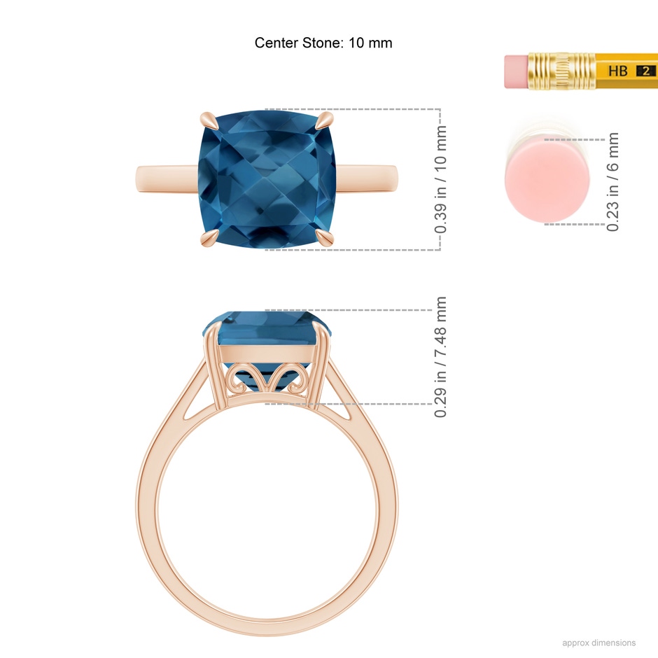 10mm AA Classic Solitaire Cushion London Blue Topaz Cocktail Ring in Rose Gold ruler