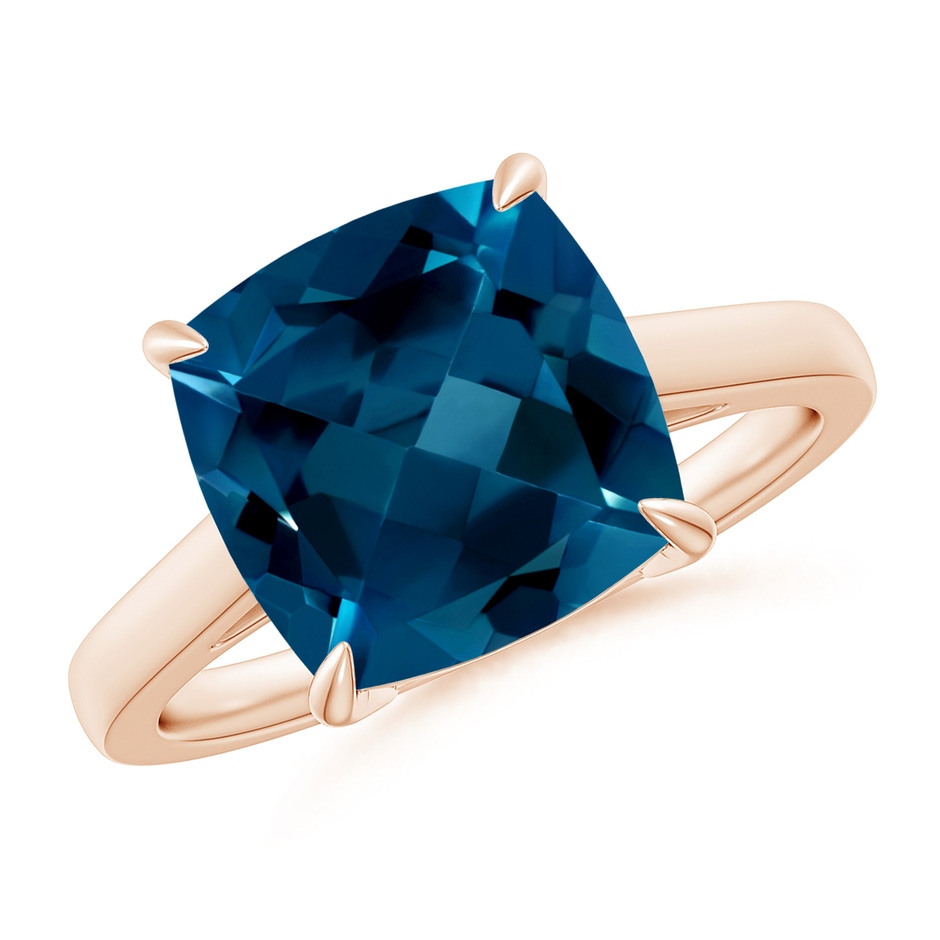 10mm AAAA Classic Solitaire Cushion London Blue Topaz Cocktail Ring in Rose Gold 