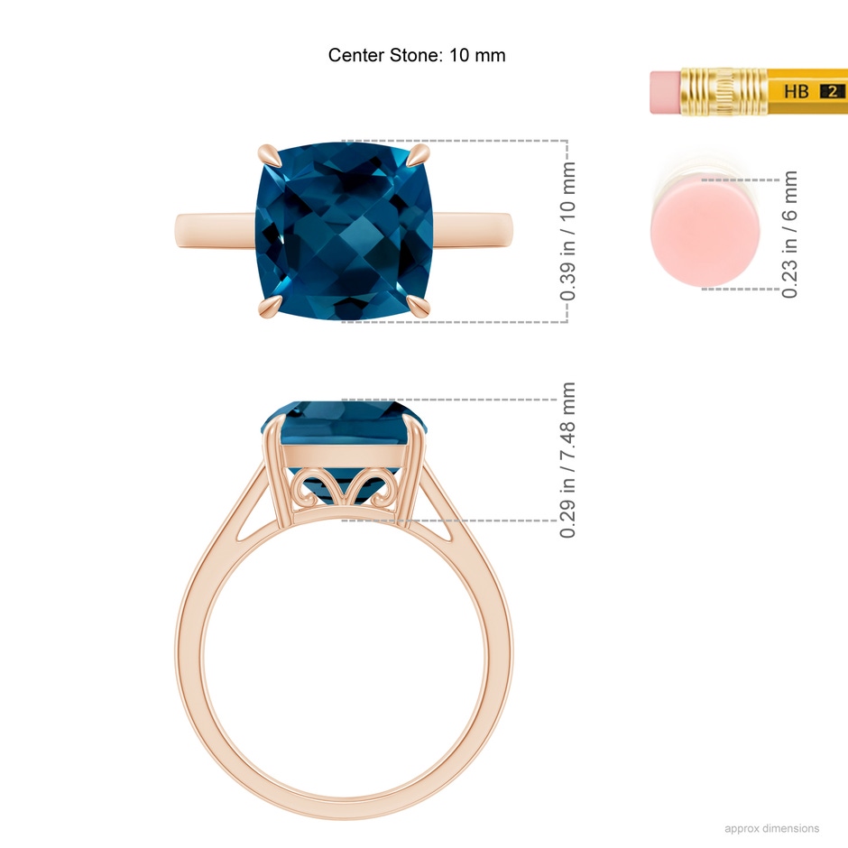 10mm AAAA Classic Solitaire Cushion London Blue Topaz Cocktail Ring in Rose Gold ruler