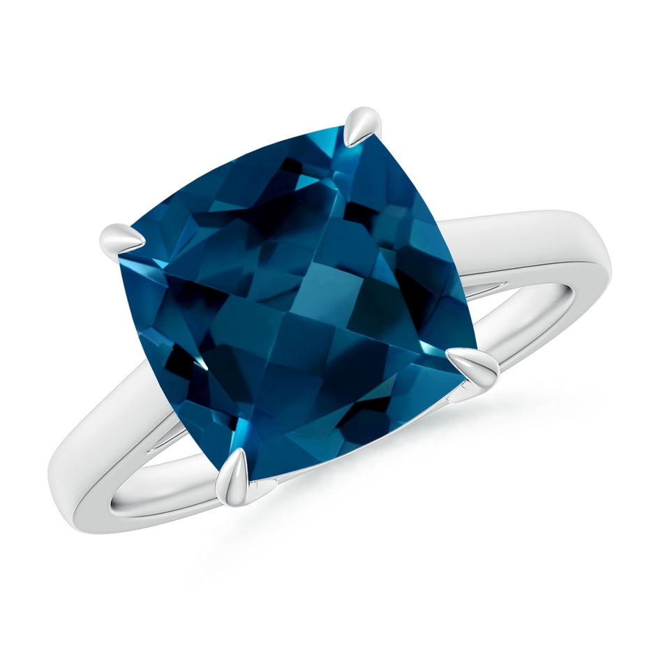 10mm AAAA Classic Solitaire Cushion London Blue Topaz Cocktail Ring in White Gold 