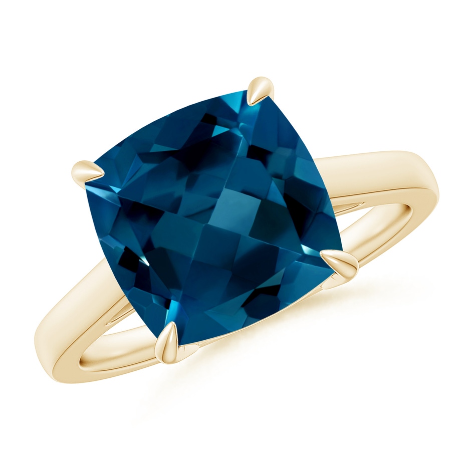10mm AAAA Classic Solitaire Cushion London Blue Topaz Cocktail Ring in Yellow Gold 