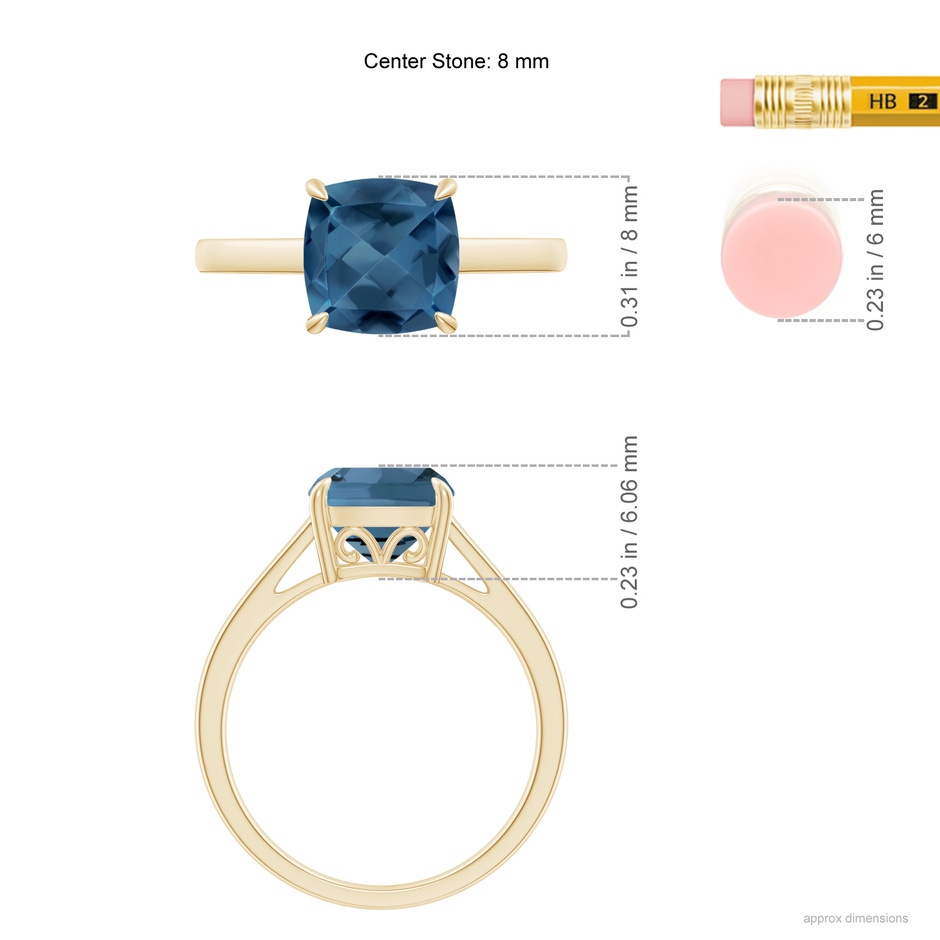 8mm A Classic Solitaire Cushion London Blue Topaz Cocktail Ring in Yellow Gold ruler