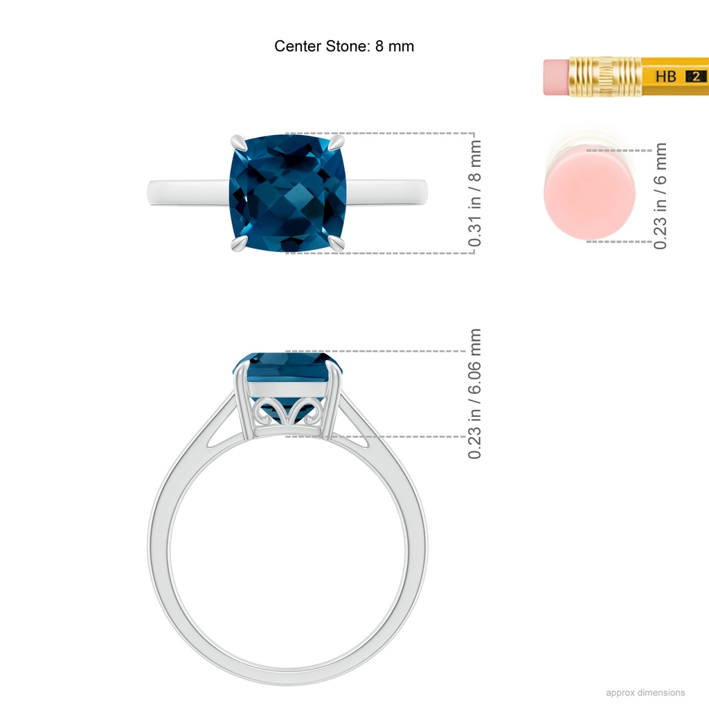 8mm AAAA Classic Solitaire Cushion London Blue Topaz Cocktail Ring in White Gold Ruler