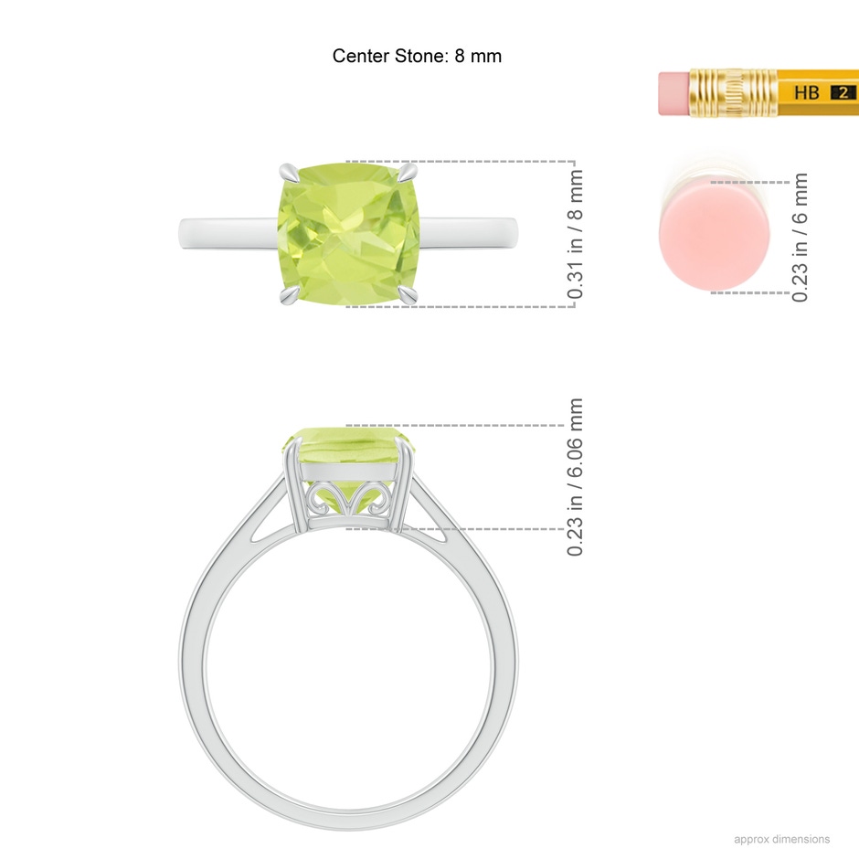 8mm A Classic Solitaire Cushion Peridot Cocktail Ring in P950 Platinum ruler