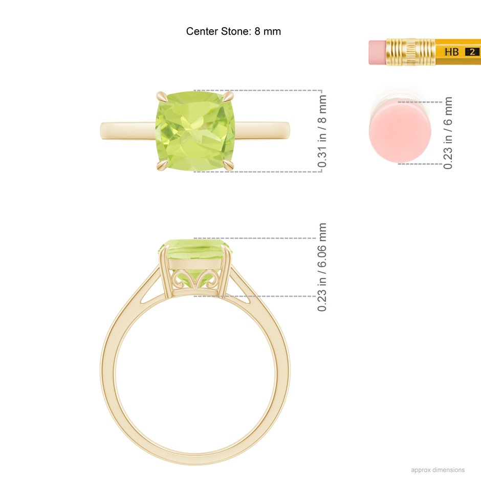 8mm A Classic Solitaire Cushion Peridot Cocktail Ring in Yellow Gold ruler