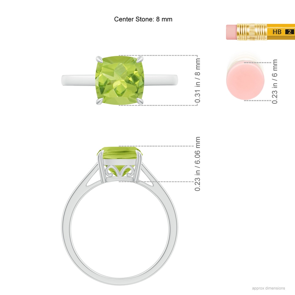 8mm AA Classic Solitaire Cushion Peridot Cocktail Ring in White Gold ruler