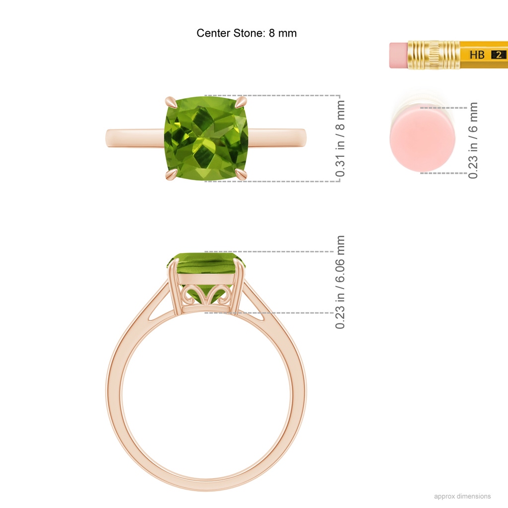 8mm AAAA Classic Solitaire Cushion Peridot Cocktail Ring in Rose Gold Ruler