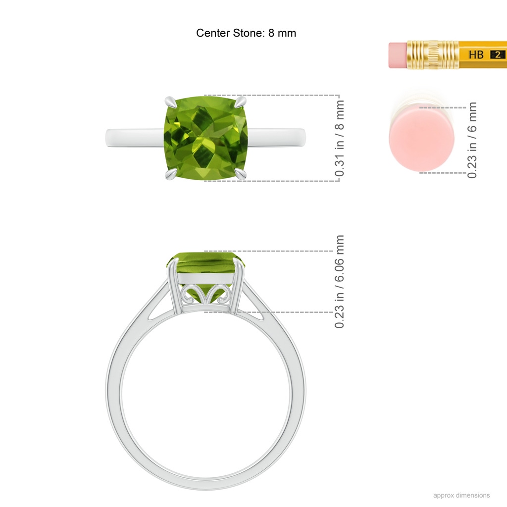 8mm AAAA Classic Solitaire Cushion Peridot Cocktail Ring in White Gold Ruler