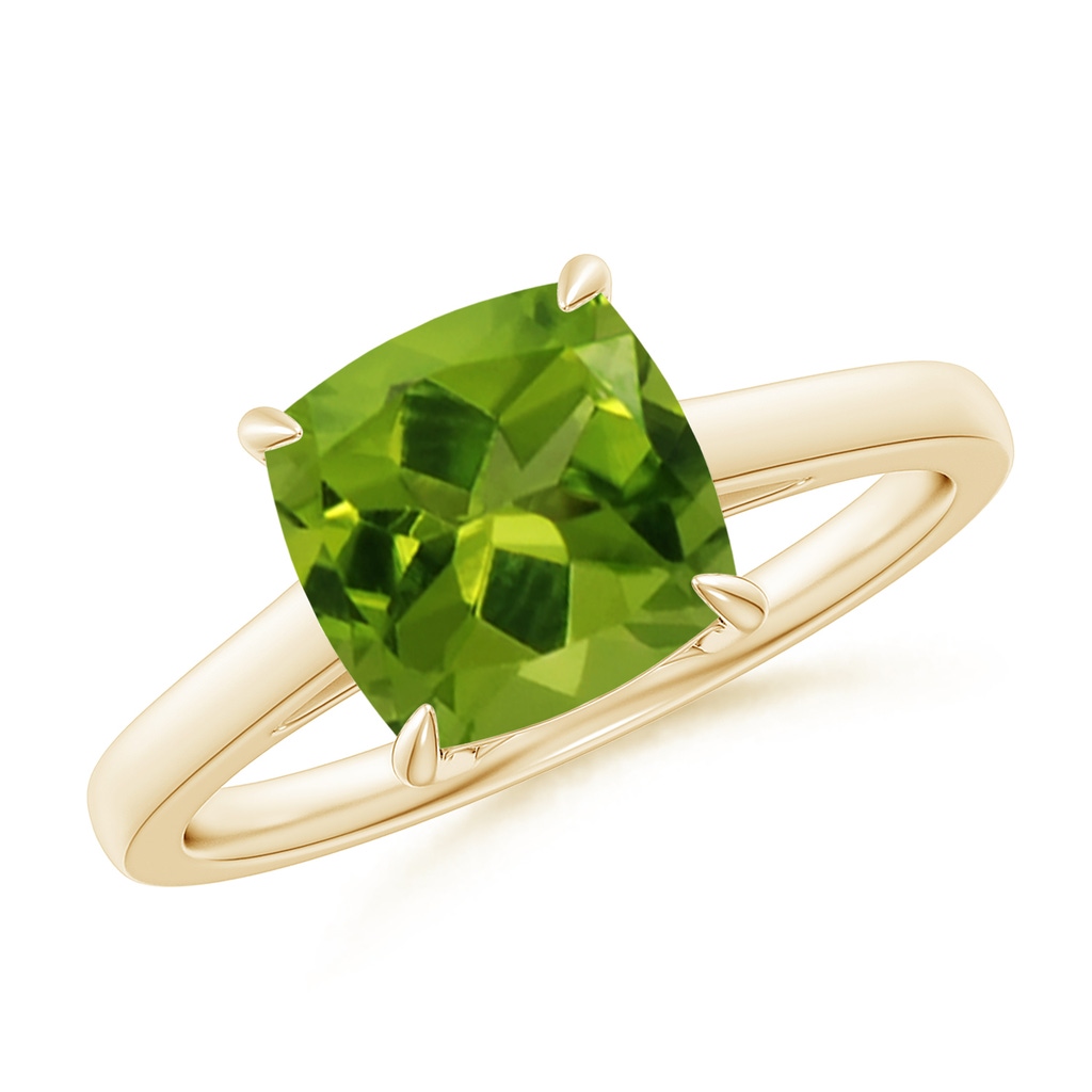 8mm AAAA Classic Solitaire Cushion Peridot Cocktail Ring in Yellow Gold