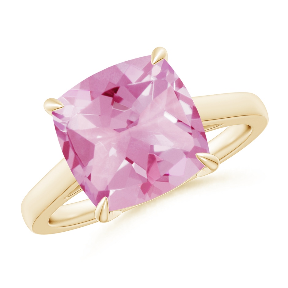 10mm A Classic Solitaire Cushion Pink Tourmaline Cocktail Ring in Yellow Gold 