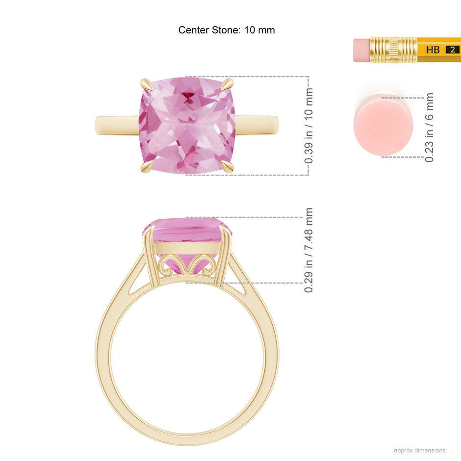 10mm A Classic Solitaire Cushion Pink Tourmaline Cocktail Ring in Yellow Gold ruler