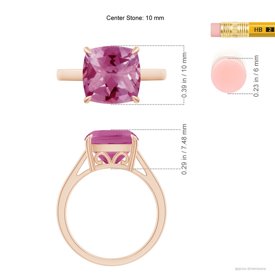 10mm AAA Classic Solitaire Cushion Pink Tourmaline Cocktail Ring in Rose Gold ruler