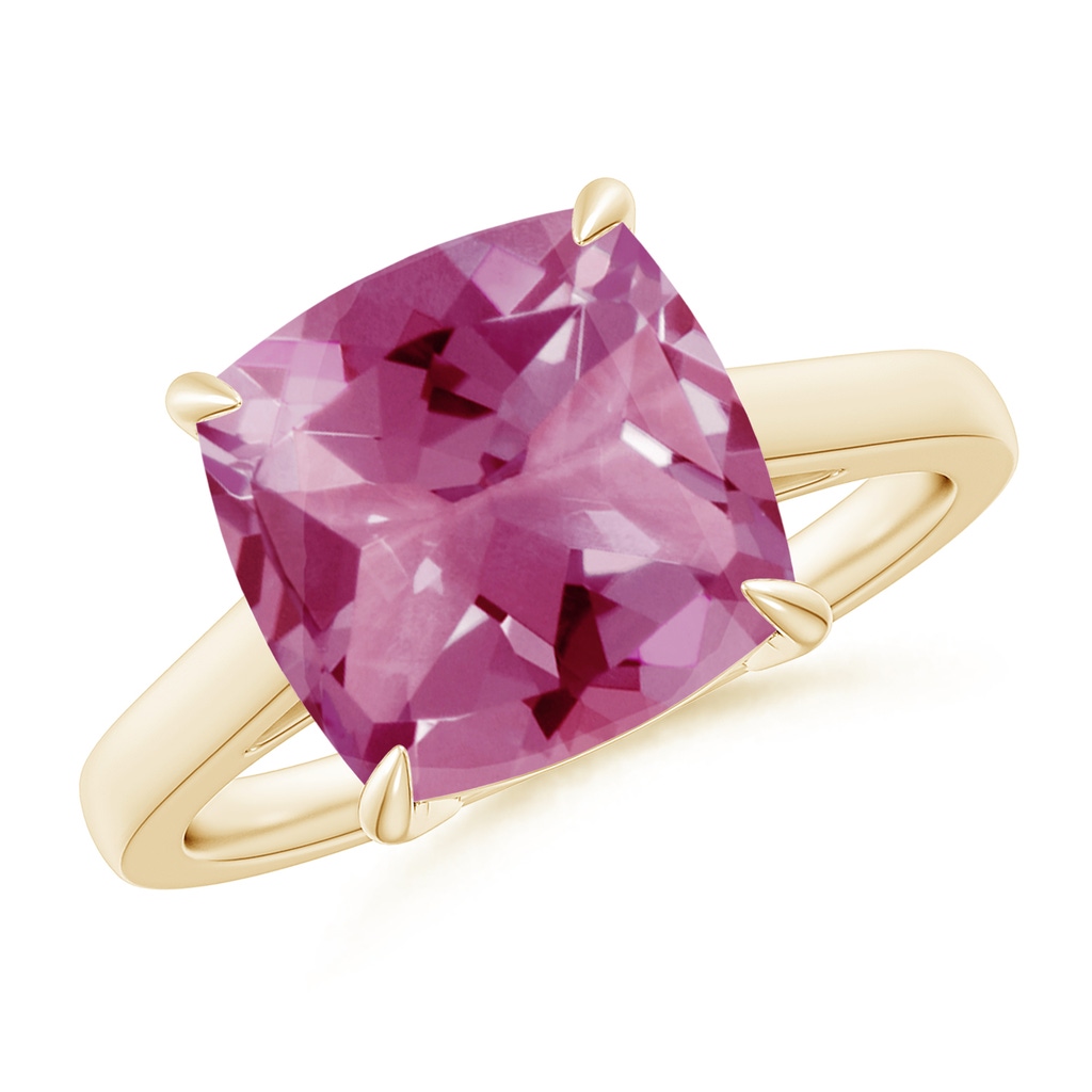 10mm AAA Classic Solitaire Cushion Pink Tourmaline Cocktail Ring in Yellow Gold