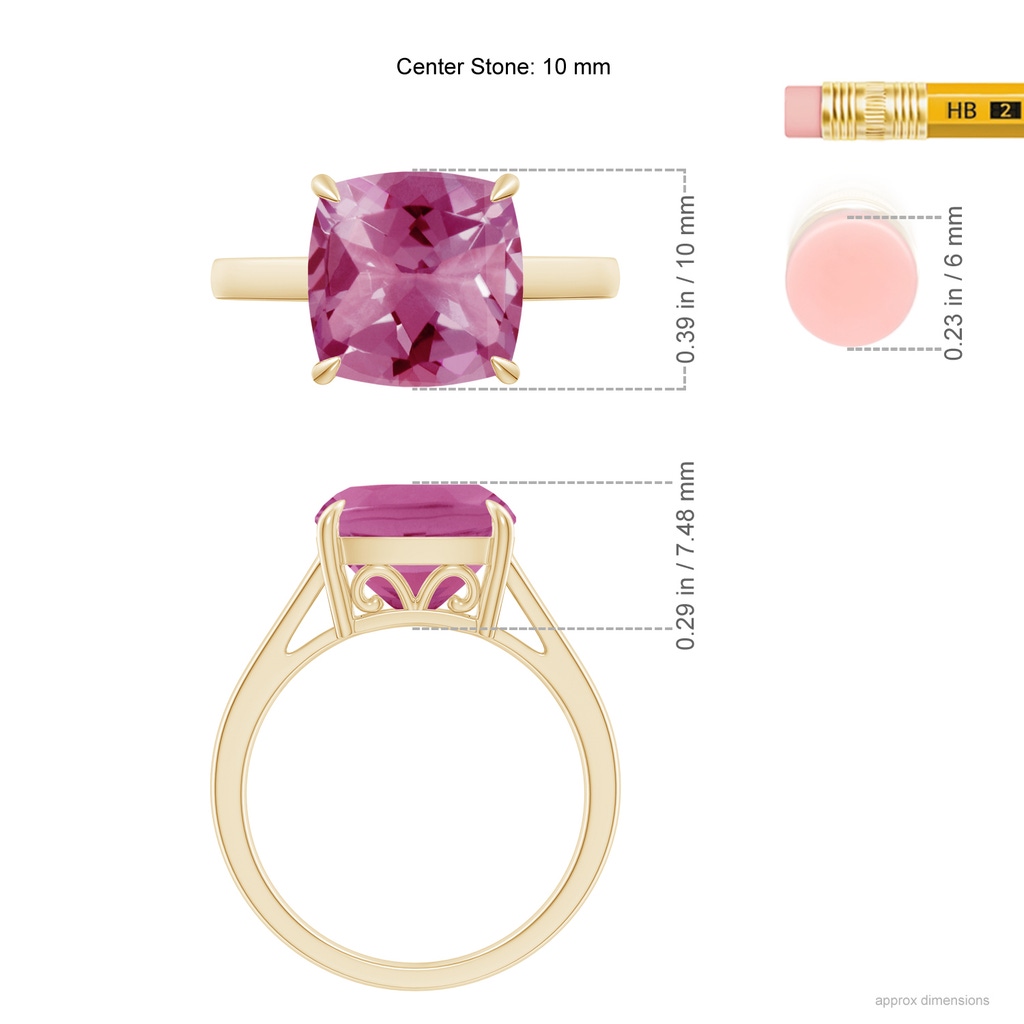 10mm AAA Classic Solitaire Cushion Pink Tourmaline Cocktail Ring in Yellow Gold Ruler