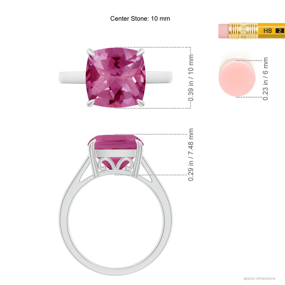10mm AAAA Classic Solitaire Cushion Pink Tourmaline Cocktail Ring in White Gold ruler