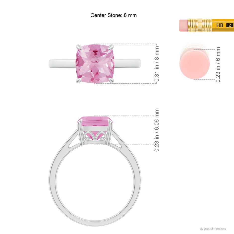 8mm A Classic Solitaire Cushion Pink Tourmaline Cocktail Ring in P950 Platinum ruler