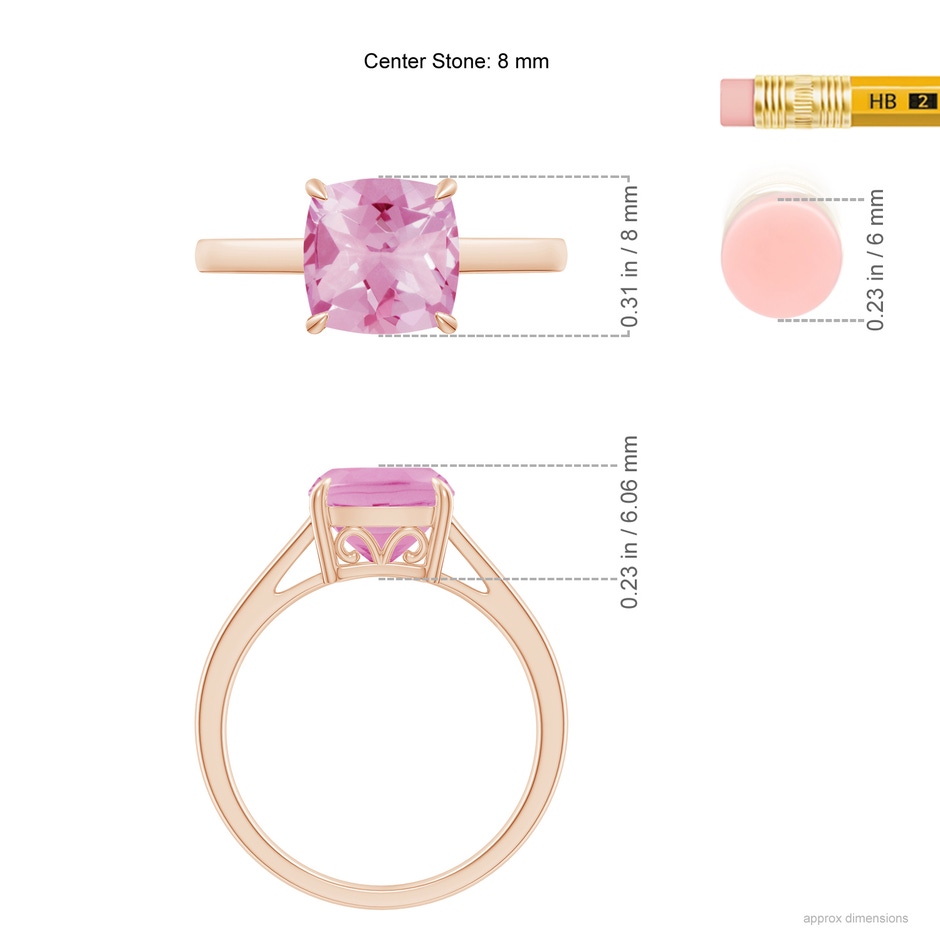 8mm A Classic Solitaire Cushion Pink Tourmaline Cocktail Ring in Rose Gold ruler