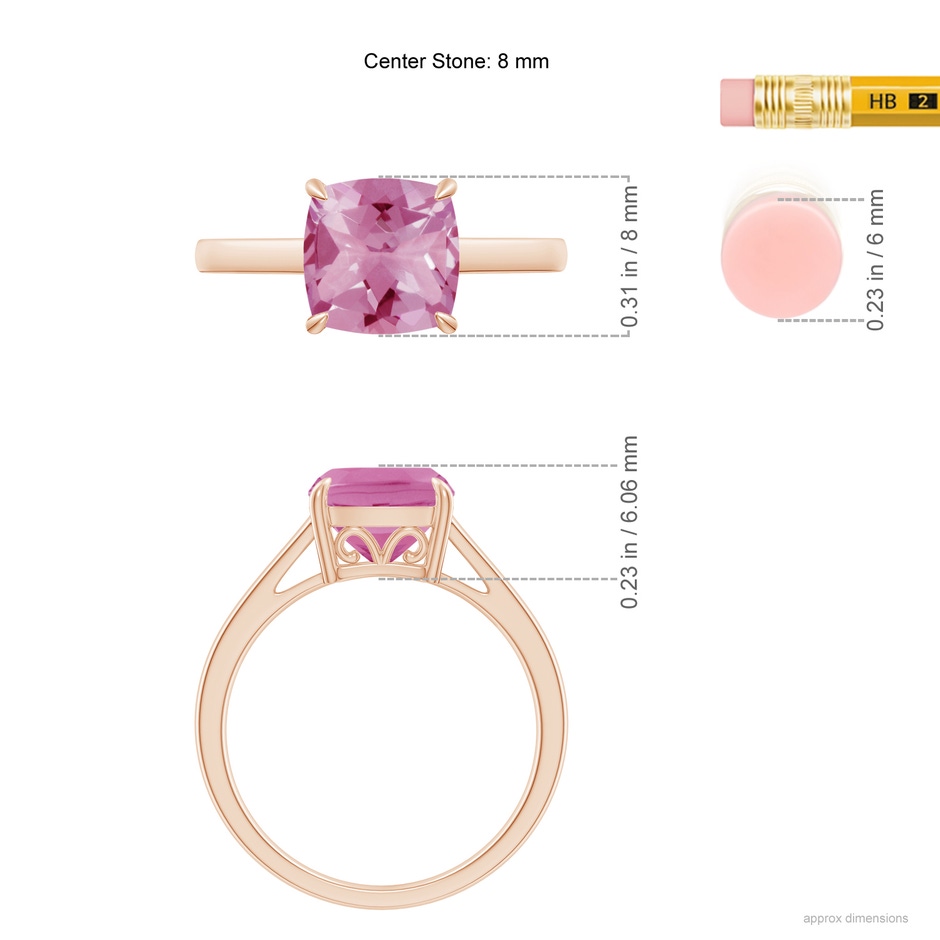 8mm AA Classic Solitaire Cushion Pink Tourmaline Cocktail Ring in Rose Gold ruler