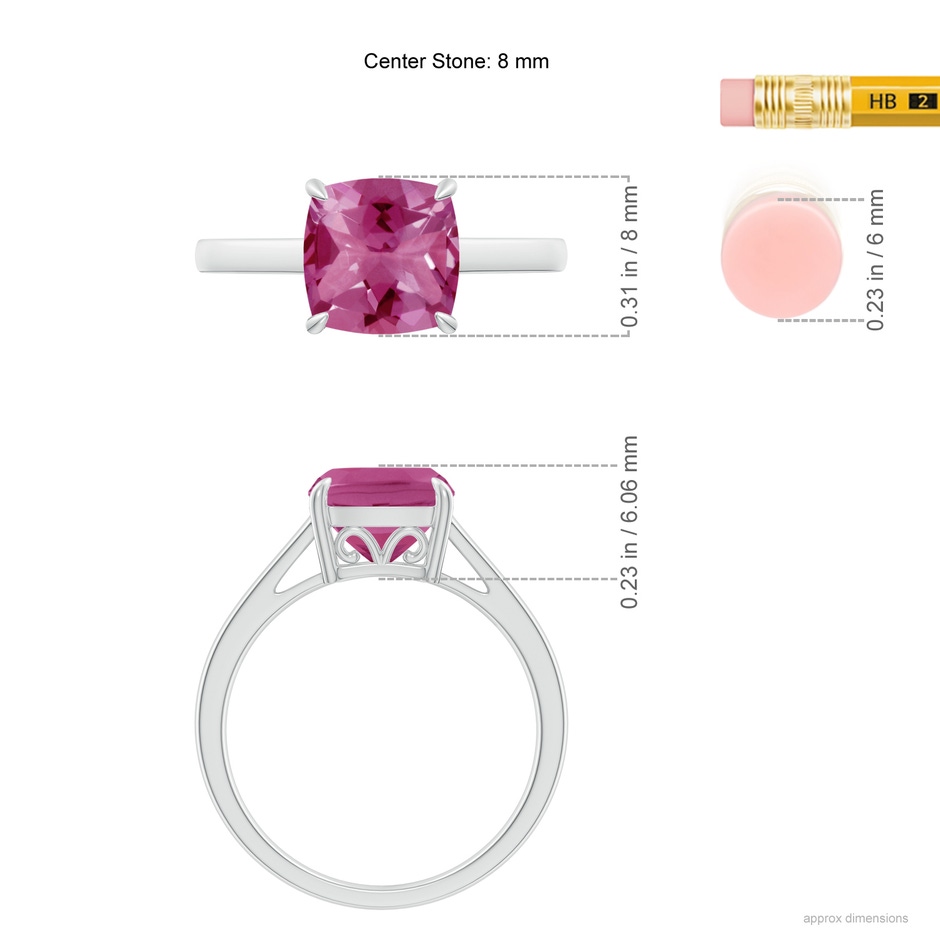 8mm AAAA Classic Solitaire Cushion Pink Tourmaline Cocktail Ring in P950 Platinum ruler