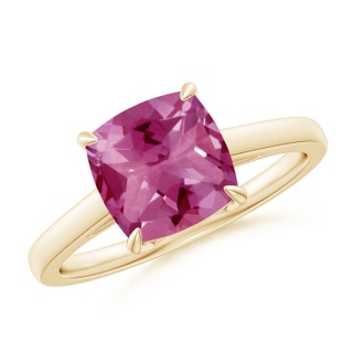 8mm AAAA Classic Solitaire Cushion Pink Tourmaline Cocktail Ring in Yellow Gold