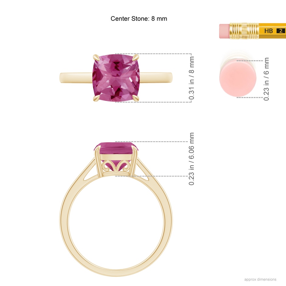 8mm AAAA Classic Solitaire Cushion Pink Tourmaline Cocktail Ring in Yellow Gold ruler