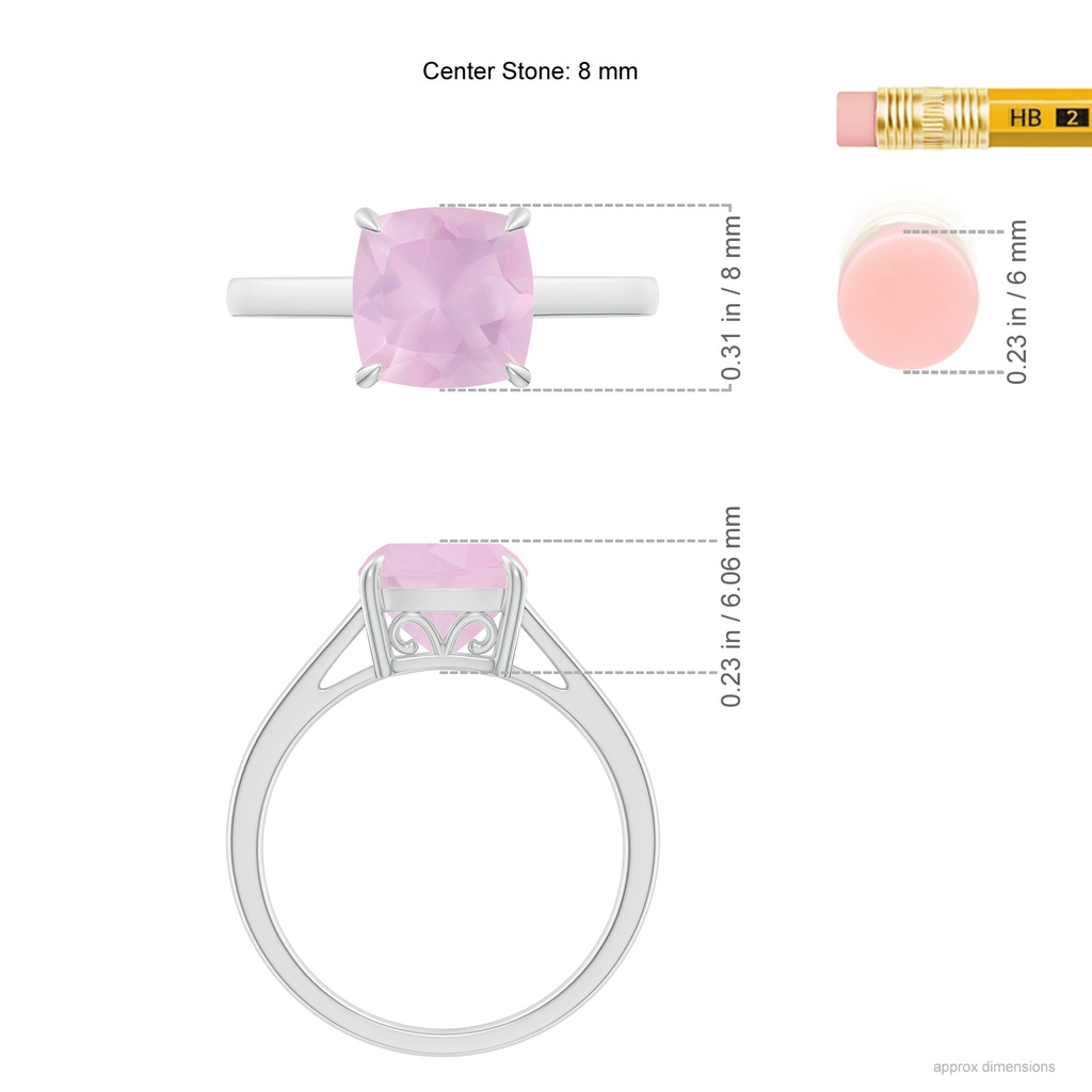 8mm AAA Vintage Inspired Solitaire Cushion Rose Quartz Cocktail Ring in White Gold Ruler
