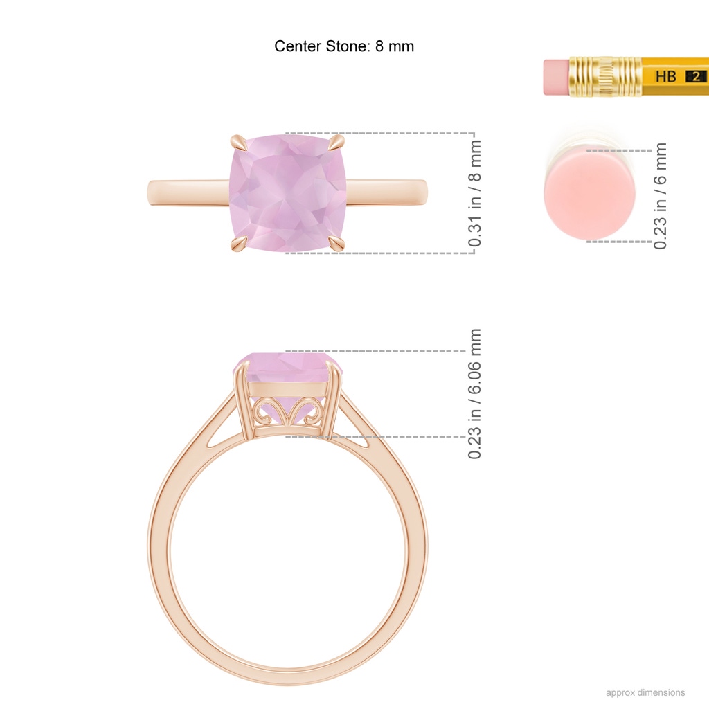 8mm AAAA Vintage Inspired Solitaire Cushion Rose Quartz Cocktail Ring in Rose Gold Ruler