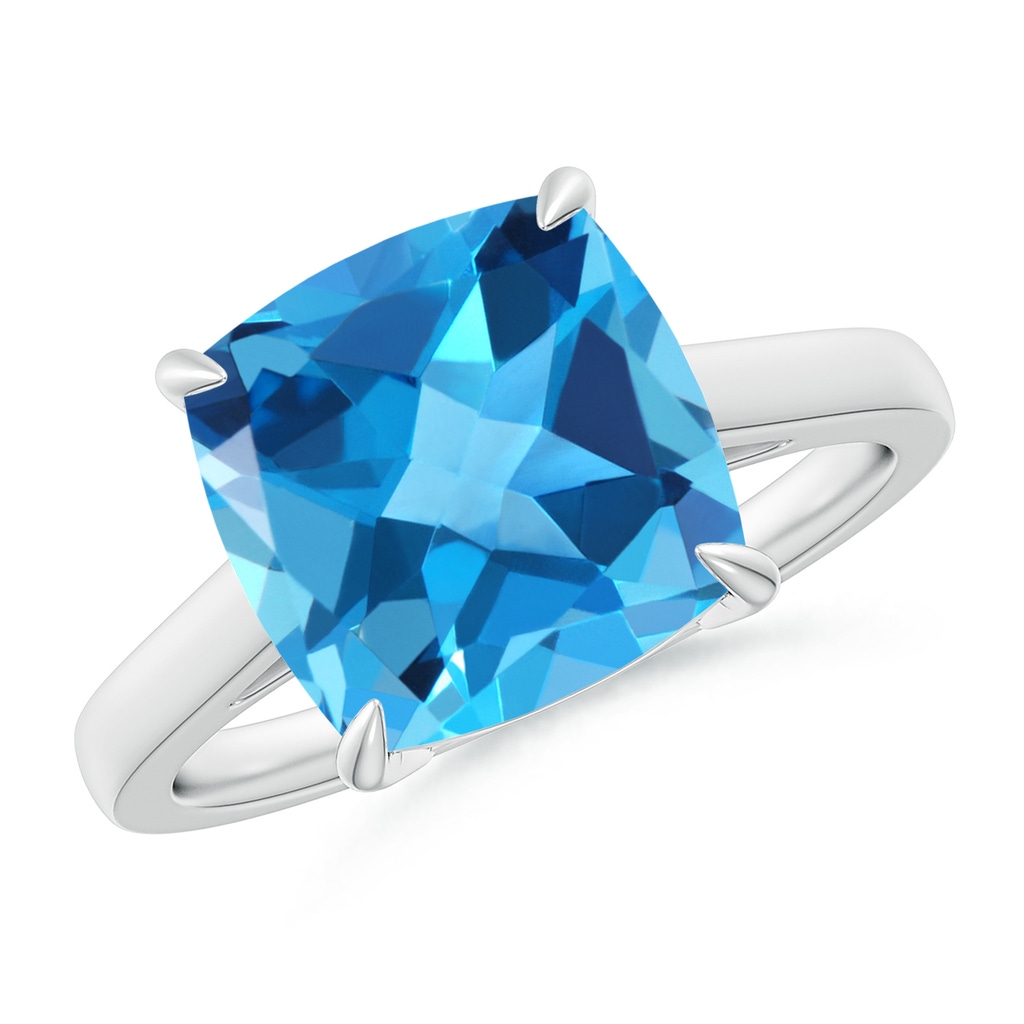 10mm AAA Classic Solitaire Cushion Swiss Blue Topaz Cocktail Ring in White Gold